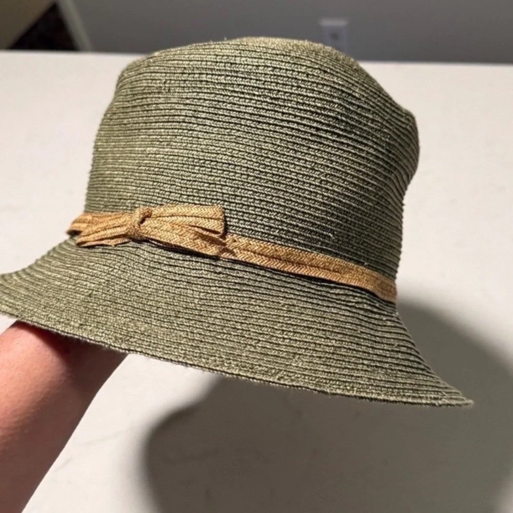 Jennifer Ouellette Olive Green Woven Straw  Hat Quiet Luxury Chic